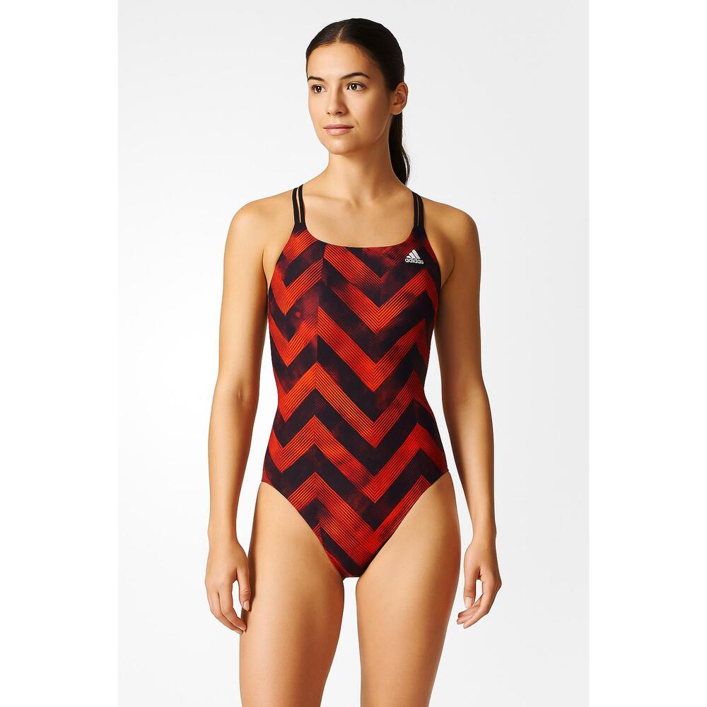 NWT Adidas Red Black Chevron Pattern Double Strap One Piece Swimsuit Women SZ 34